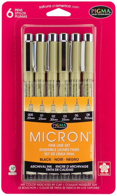 Pigma Micron Pen Set Of 6 Black-in Sizes 005 (.20Mm), 01 (.25Mm), 02 (.30Mm), 03 (.35Mm), 05 (.45Mm) And 08 (.50Mm)